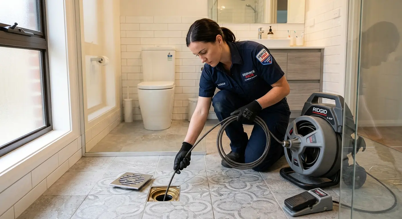 Technician clearing a bathroom floor drain for Drain Cleaning in Albany
